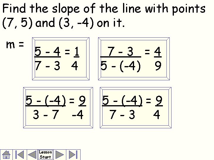 Find the slope of the line with points (7, 5) and (3, -4) on