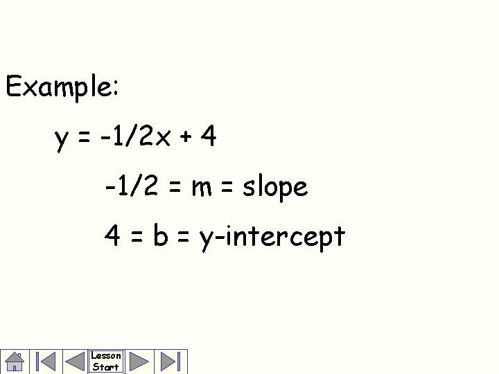 Example: y = -1/2 x + 4 -1/2 = m = slope 4 =