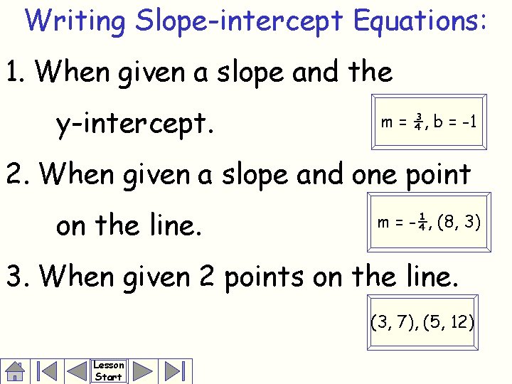 Writing Slope-intercept Equations: 1. When given a slope and the y-intercept. m = ¾,