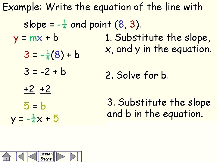 Example: Write the equation of the line with slope = -¼ and point (8,