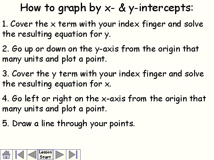 How to graph by x- & y-intercepts: 1. Cover the x term with your