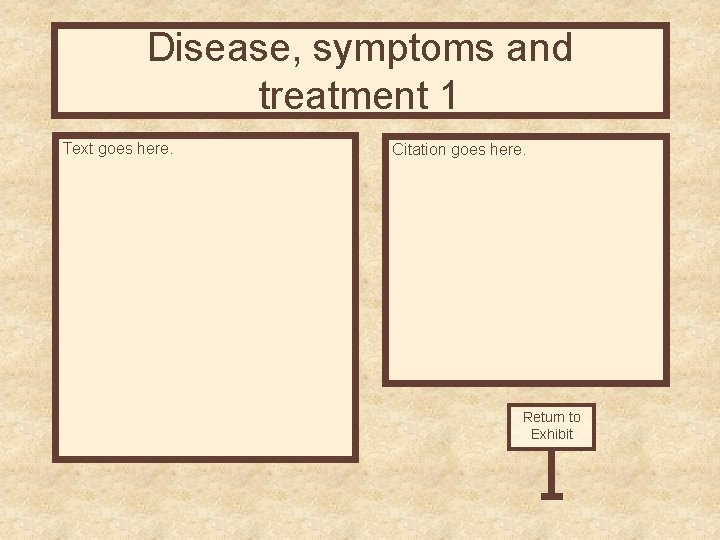 Disease, symptoms and treatment 1 Text goes here. Citation goes here. Return to Exhibit
