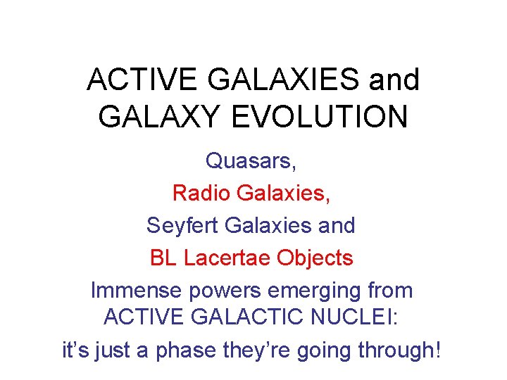 ACTIVE GALAXIES and GALAXY EVOLUTION Quasars, Radio Galaxies, Seyfert Galaxies and BL Lacertae Objects