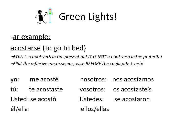 Green Lights! -ar example: acostarse (to go to bed) This is a boot verb