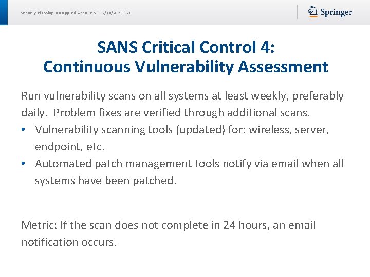 Security Planning: An Applied Approach | 12/16/2021 | 21 SANS Critical Control 4: Continuous