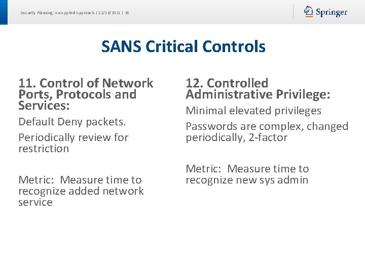 Security Planning: An Applied Approach | 12/16/2021 | 28 SANS Critical Controls 11. Control