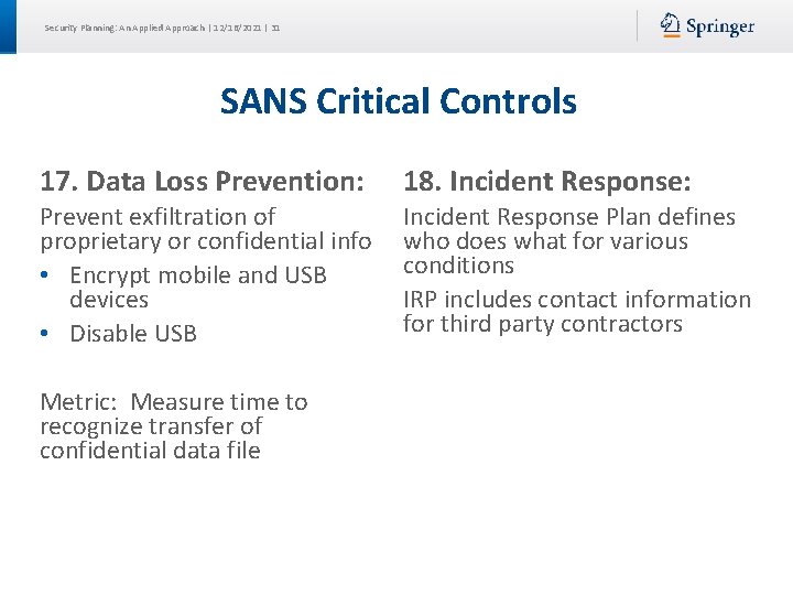 Security Planning: An Applied Approach | 12/16/2021 | 31 SANS Critical Controls 17. Data