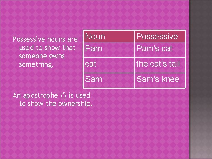 Possessive nouns are used to show that someone owns something. Noun Pam Possessive Pam’s