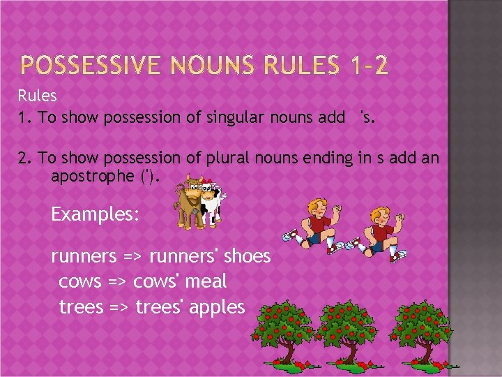 Rules 1. To show possession of singular nouns add 's. 2. To show possession