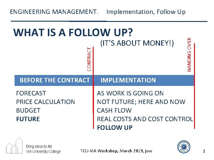 Implementation, Follow Up CONTRACT WHAT IS A FOLLOW UP? BEFORE THE CONTRACT FORECAST PRICE