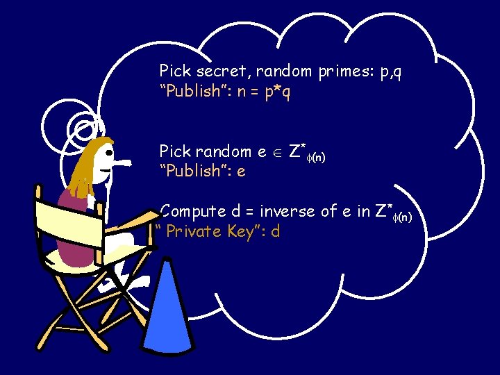 Pick secret, random primes: p, q “Publish”: n = p*q Pick random e Z*