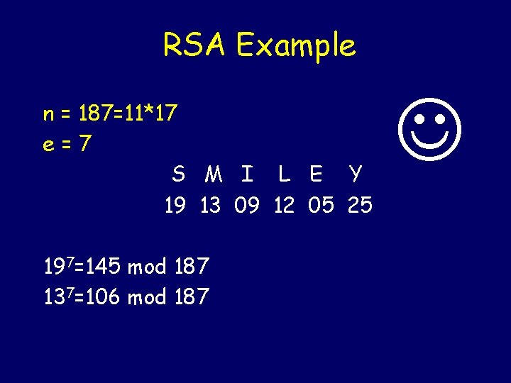 RSA Example n = 187=11*17 e=7 S M I L E Y 19 13