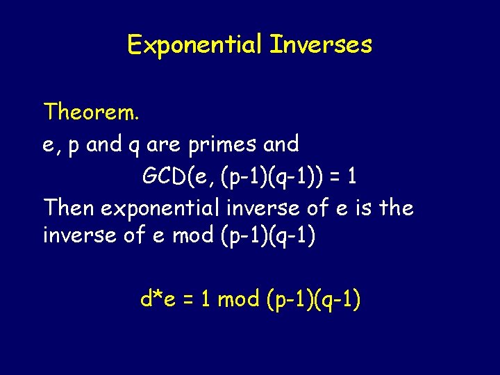 Exponential Inverses Theorem. e, p and q are primes and GCD(e, (p-1)(q-1)) = 1