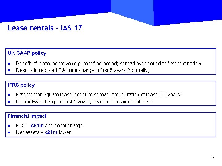 Lease rentals – IAS 17 UK GAAP policy · · Benefit of lease incentive