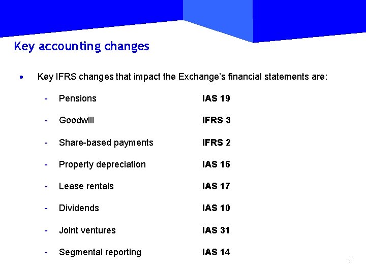 Key accounting changes · Key IFRS changes that impact the Exchange’s financial statements are: