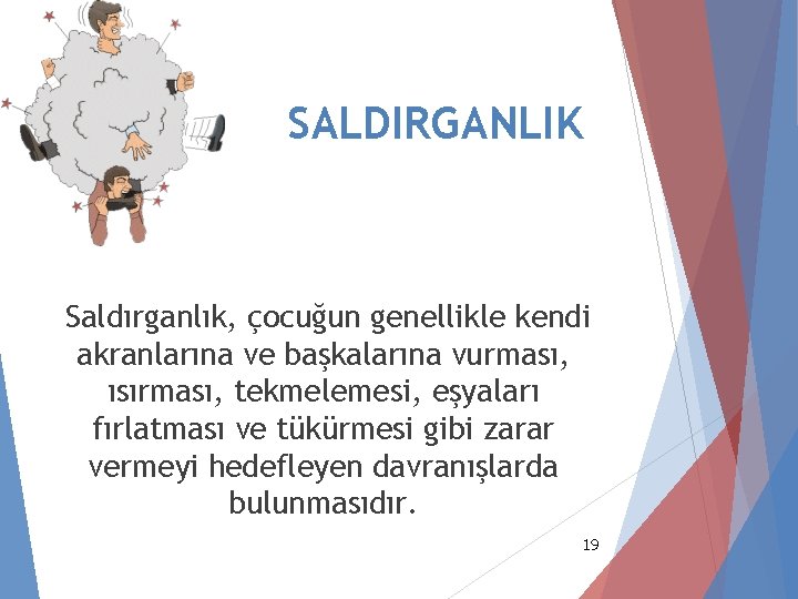 SALDIRGANLIK Saldırganlık, çocuğun genellikle kendi akranlarına ve başkalarına vurması, ısırması, tekmelemesi, eşyaları fırlatması ve