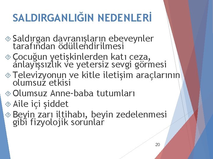 SALDIRGANLIĞIN NEDENLERİ Saldırgan davranışların ebeveynler tarafından ödüllendirilmesi Çocuğun yetişkinlerden katı ceza, anlayışsızlık ve yetersiz