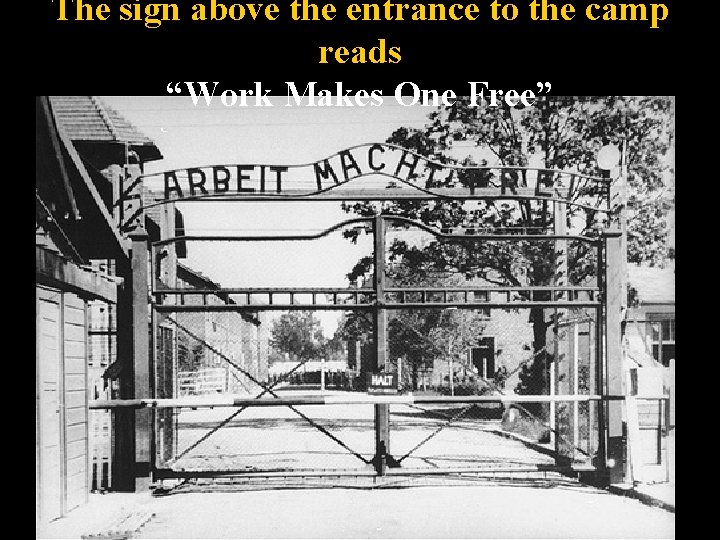 The sign above the entrance to the camp reads “Work Makes One Free” 