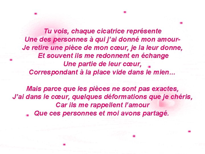 Tu vois, chaque cicatrice représente Une des personnes à qui j’ai donné mon amour.