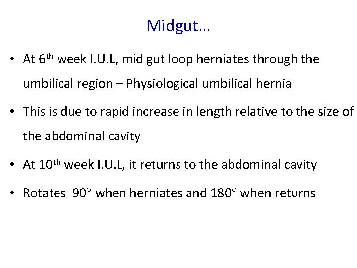 Midgut… • At 6 th week I. U. L, mid gut loop herniates through