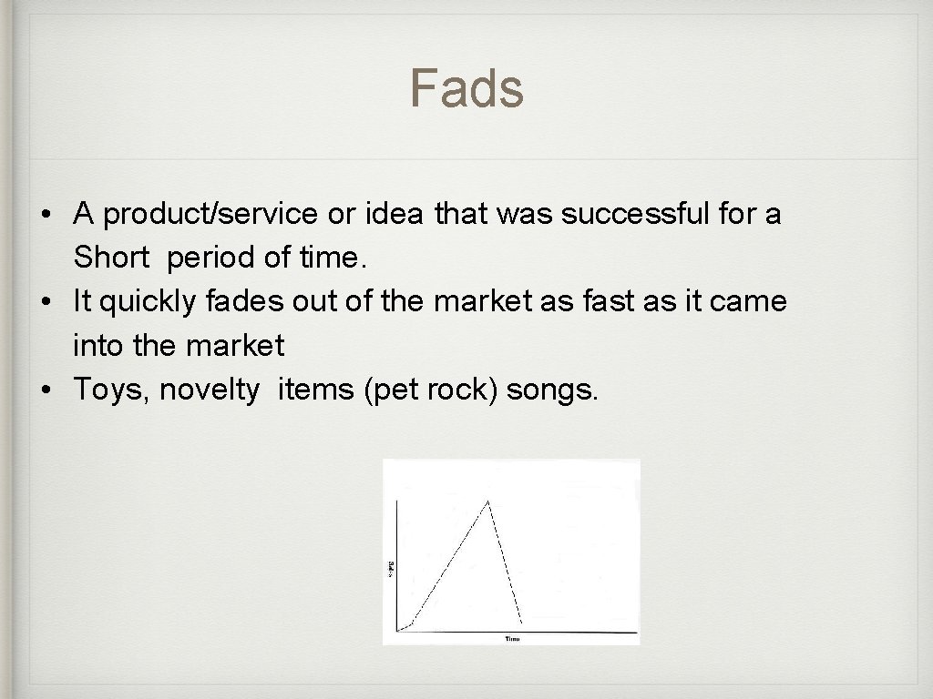 Fads • A product/service or idea that was successful for a Short period of