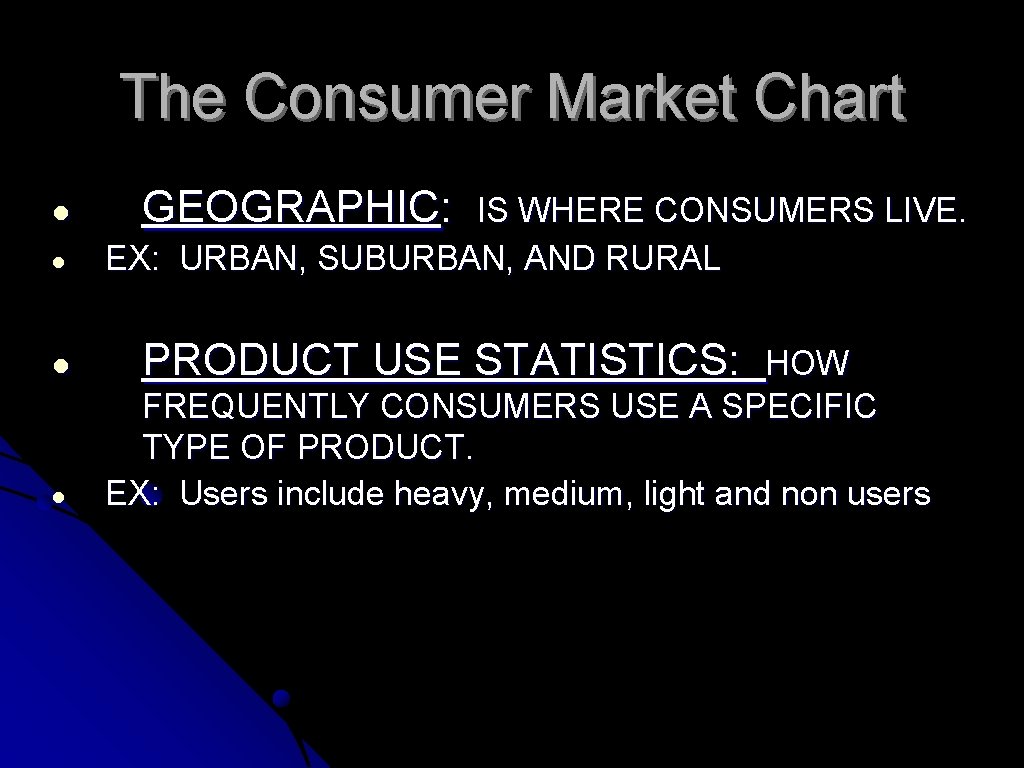 The Consumer Market Chart ● ● GEOGRAPHIC: IS WHERE CONSUMERS LIVE. EX: URBAN, SUBURBAN,