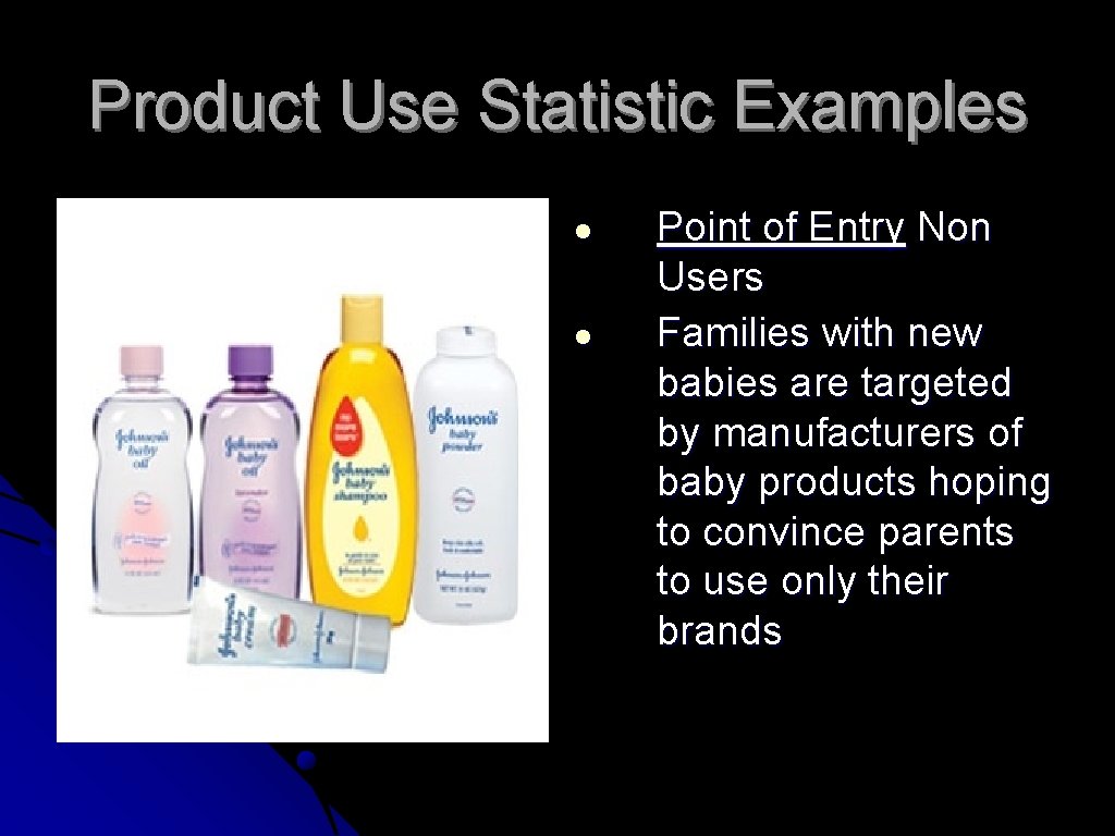 Product Use Statistic Examples ● ● Point of Entry Non Users Families with new