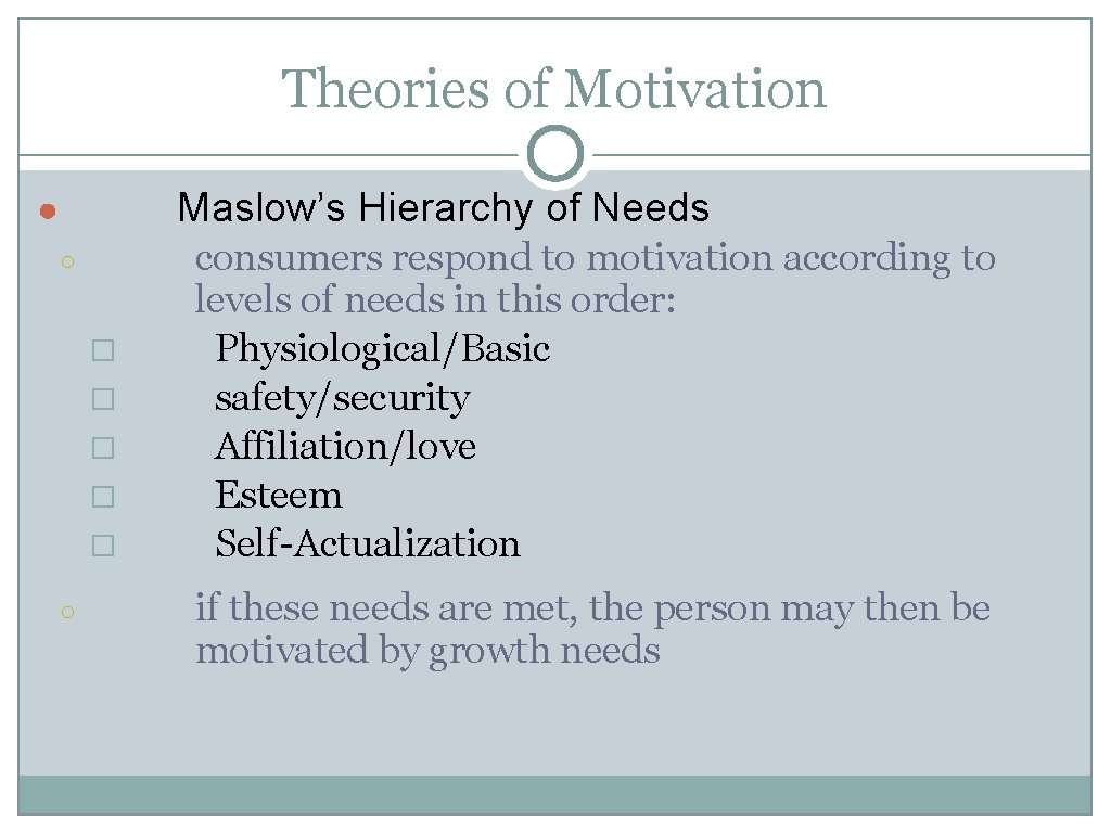 Theories of Motivation Maslow’s Hierarchy of Needs ● ○ � � � ○ consumers
