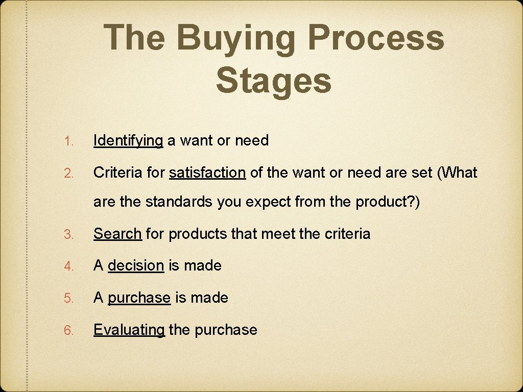 The Buying Process Stages 1. Identifying a want or need 2. Criteria for satisfaction