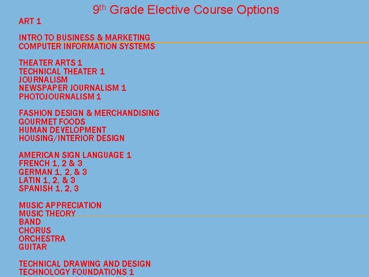 ART 1 9 th Grade Elective Course Options INTRO TO BUSINESS & MARKETING COMPUTER