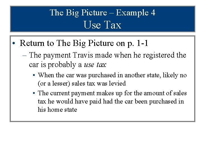 The Big Picture – Example 4 Use Tax • Return to The Big Picture