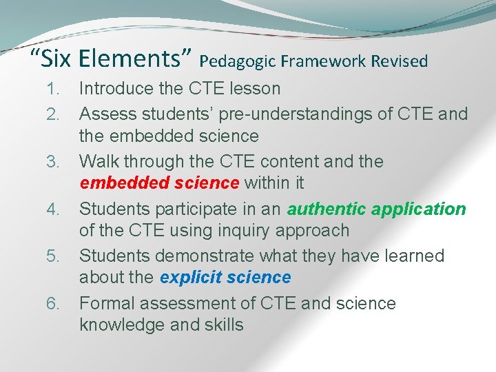 “Six Elements” Pedagogic Framework Revised 1. 2. 3. 4. 5. 6. Introduce the CTE