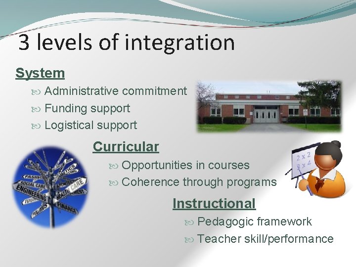 3 levels of integration System Administrative commitment Funding support Logistical support Curricular Opportunities in