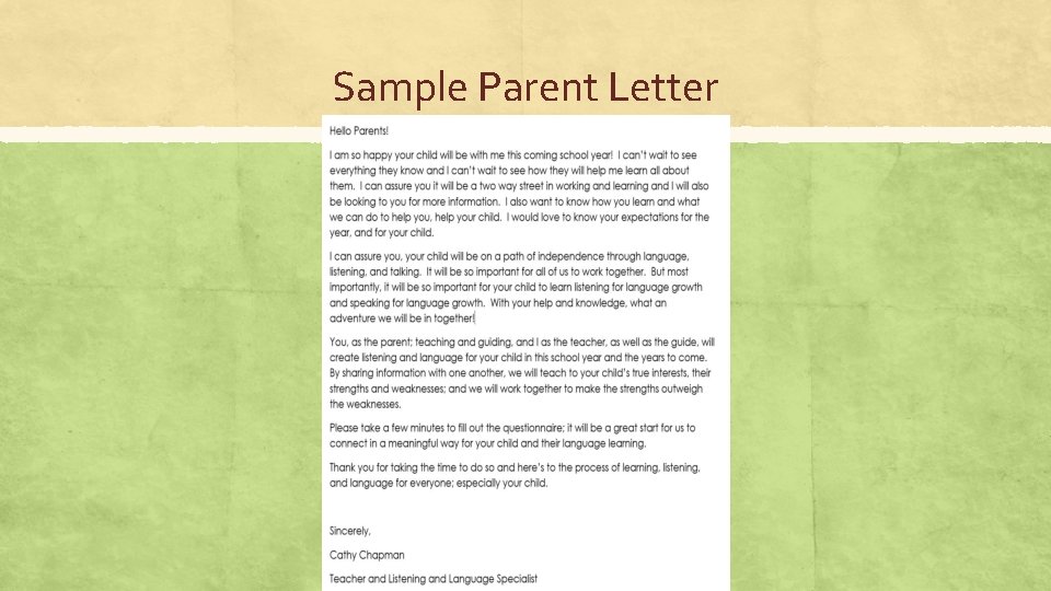 Sample Parent Letter 