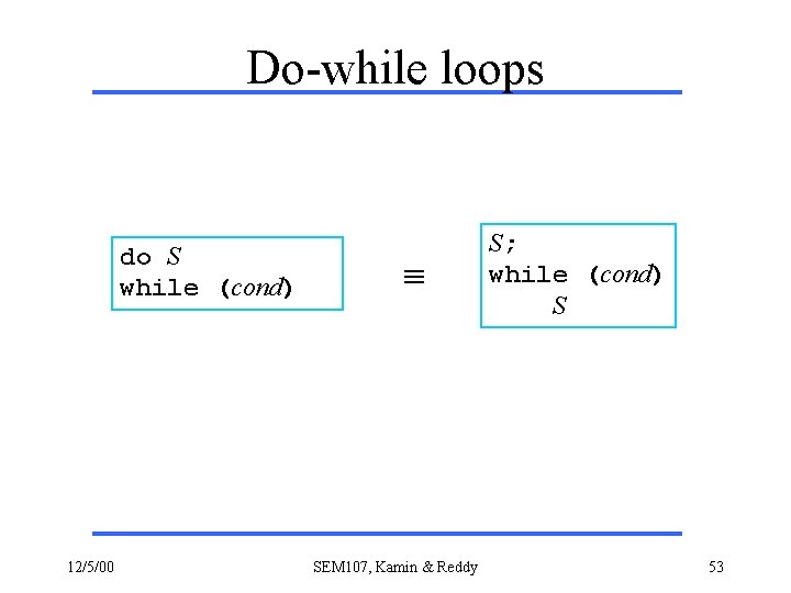 Do-while loops do S while (cond) 12/5/00 SEM 107, Kamin & Reddy S; while
