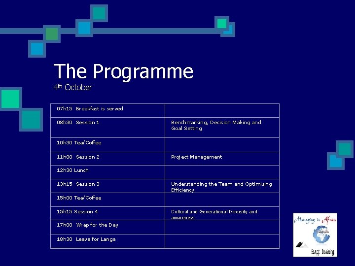 The Programme 4 th October 07 h 15 Breakfast is served 08 h 30