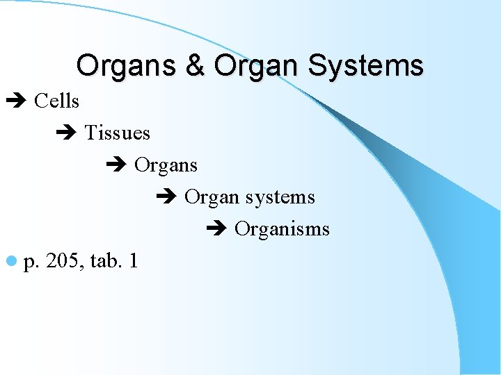 Organs & Organ Systems Cells Tissues Organ systems Organisms l p. 205, tab. 1