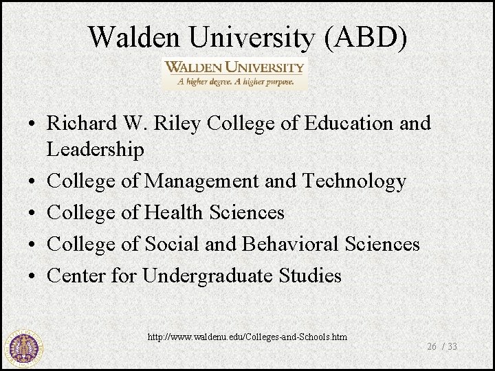 Walden University (ABD) • Richard W. Riley College of Education and Leadership • College