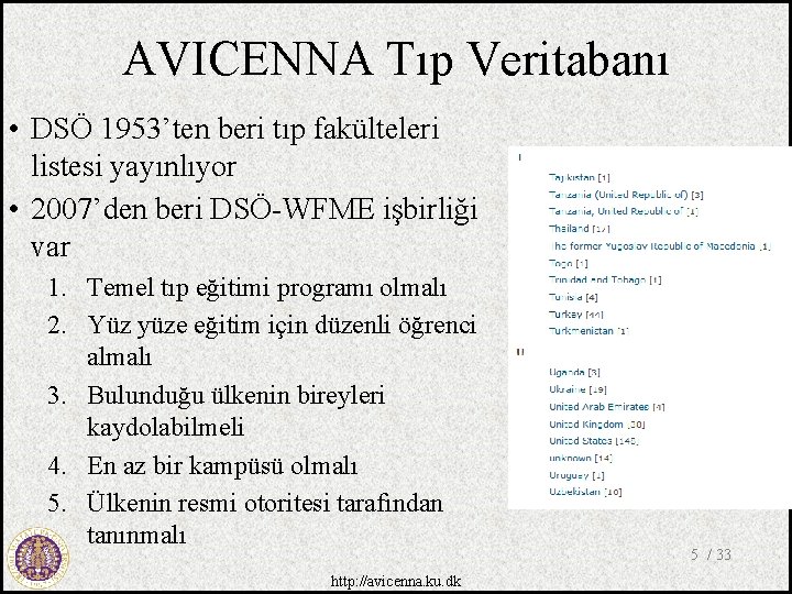 AVICENNA Tıp Veritabanı • DSÖ 1953’ten beri tıp fakülteleri listesi yayınlıyor • 2007’den beri