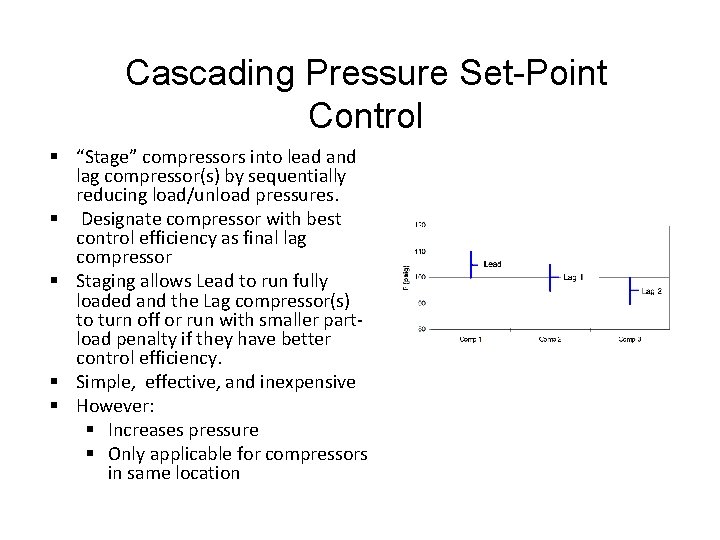 Cascading Pressure Set-Point Control § “Stage” compressors into lead and lag compressor(s) by sequentially