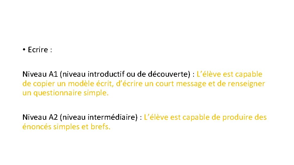  • Ecrire : Niveau A 1 (niveau introductif ou de découverte) : L’élève