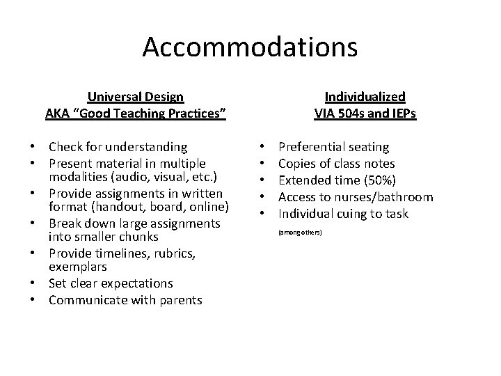 Accommodations Universal Design AKA “Good Teaching Practices” • Check for understanding • Present material