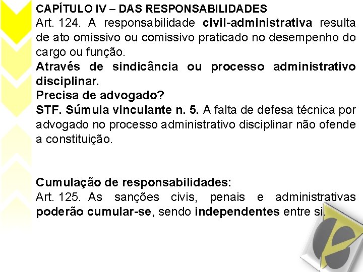 CAPÍTULO IV – DAS RESPONSABILIDADES Art. 124. A responsabilidade civil-administrativa resulta de ato omissivo