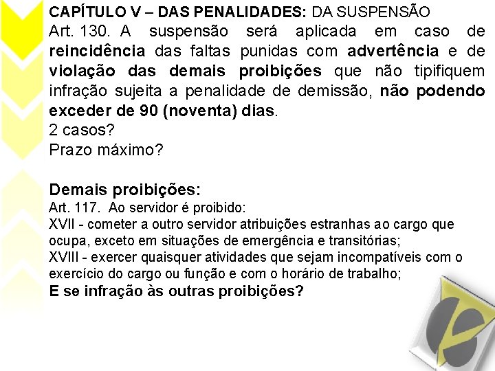 CAPÍTULO V – DAS PENALIDADES: DA SUSPENSÃO Art. 130. A suspensão será aplicada em