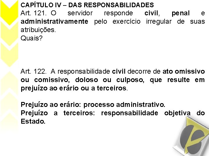 CAPÍTULO IV – DAS RESPONSABILIDADES Art. 121. O servidor responde civil, penal e administrativamente