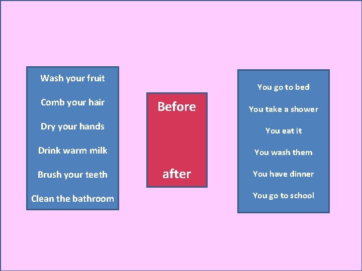 Wash your fruit Comb your hair You go to bed Before You take a