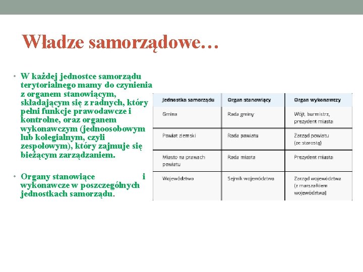 Władze samorządowe… • W każdej jednostce samorządu terytorialnego mamy do czynienia z organem stanowiącym,