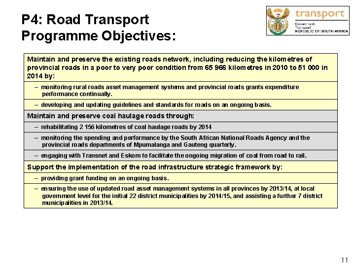 P 4: Road Transport Programme Objectives: Maintain and preserve the existing roads network, including