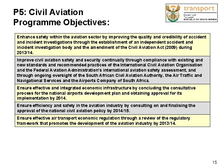 P 5: Civil Aviation Programme Objectives: Enhance safety within the aviation sector by improving