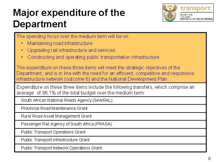 Major expenditure of the Department The spending focus over the medium term will be